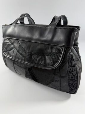 Black Genuine Leather Patchwork Y2K Shoulder Bag Multi Compartment Purse